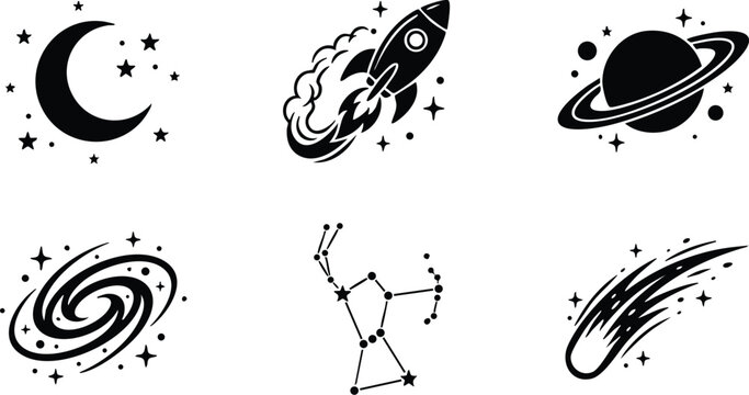 Crescent moon rocket planet galaxy constellation and comet