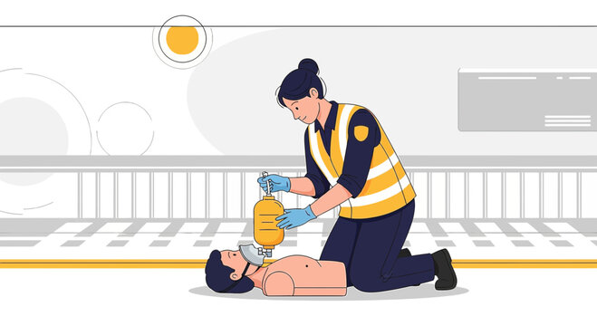 Paramedic performing CPR on patient on train platform, emergency medical care