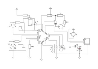 Obraz premium Electronic circuit diagram for an integrated circuit amplifier with associated components and connections
