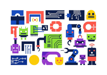 Fototapeta premium Abstract Collection of Colorful Robots and Electronic Components on a White Background