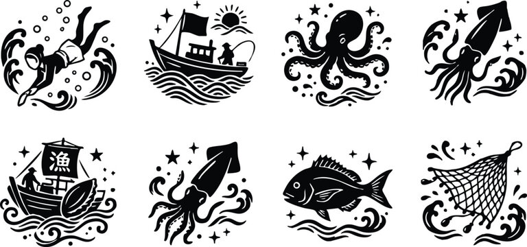 Black and white vector art diving man fishing boats octopus squid fish net icons