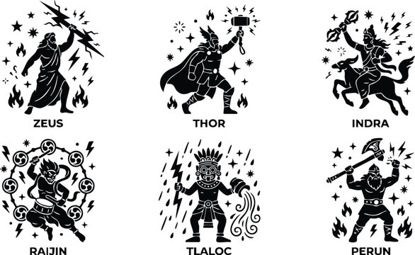 Black silhouette gods zeus thor indra raijin tlaloc perun with lightning and fire vector art