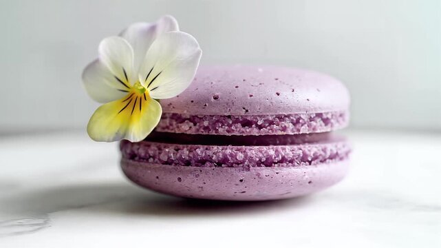 Close up of a delicate purple macaron topped with a white and yellow pansy flower.