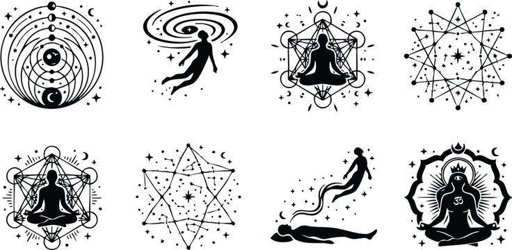 Black and white spiritual meditation vector icons with cosmic and astral themes