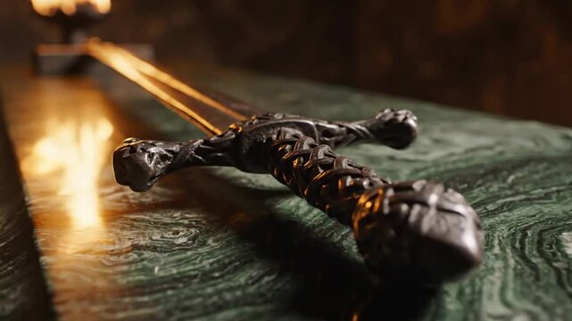 Ornate dagger of ancient origin resting on a marble surface lit by flickering flames and warm ambient light