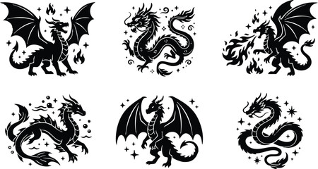 Obraz premium Black silhouette dragons with fire and sparkles vector art set