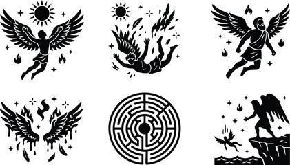 Fototapeta premium Black angel wings falling from sky with flames and sun vector art