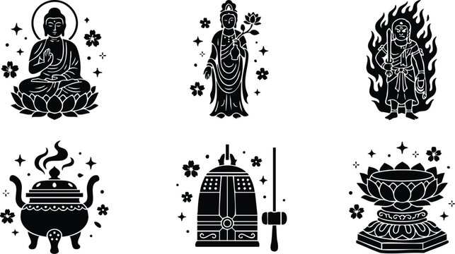 Black and white buddhist icons with lotus and flaming warrior vector art
