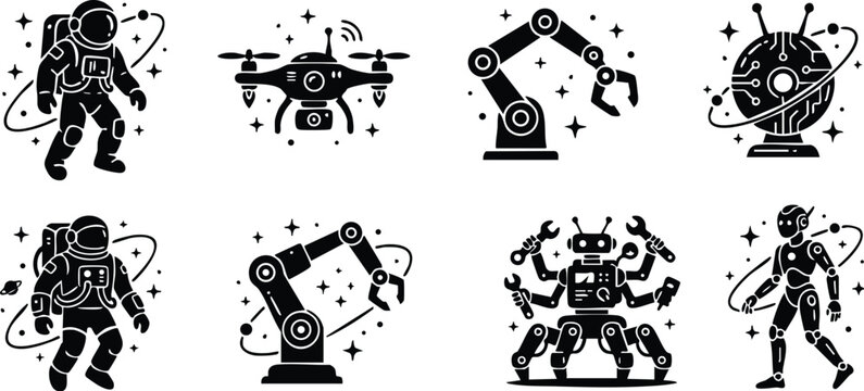 Black and white space robot and robotic arm vector art collection