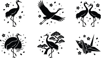 Fototapeta premium Black and white crane birds with sakura flowers and bonsai tree vector art set