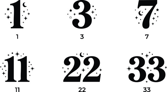 Black serif numbers with stars and moon decorative elements vector art