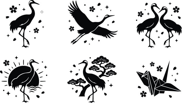 Black and white crane birds with sakura flowers and bonsai tree vector art set