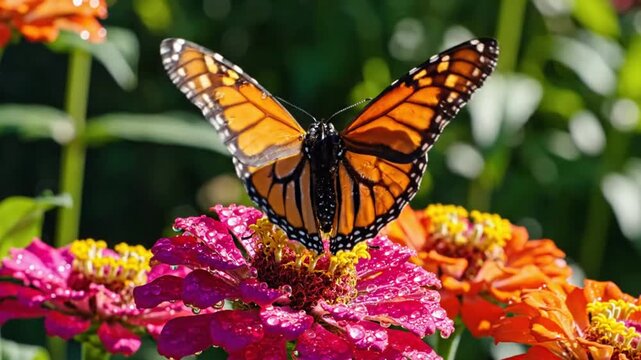 Monarch butterfly with orange and black wings pollinating a pink zinnia flower in a sunny garden