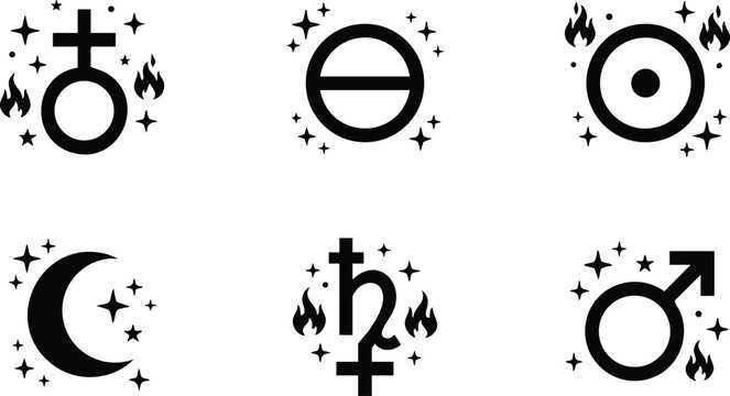 Black and white astrological planet symbol icons with stars and fire flames