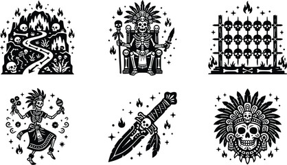 Fototapeta premium Black and white aztec skeleton warrior with feather headdress and dagger vector art