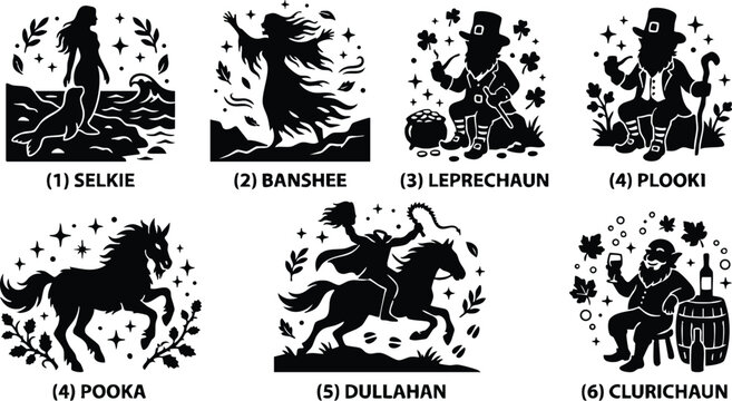 Black and white silhouette line art of selkie banshee leprechaun and irish mythical creatures