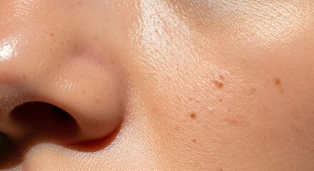 Fototapeta premium A close-up image of a person's nose and skin with freckles on the cheek; a close-up image showing the details of skin texture. Generative AI photo