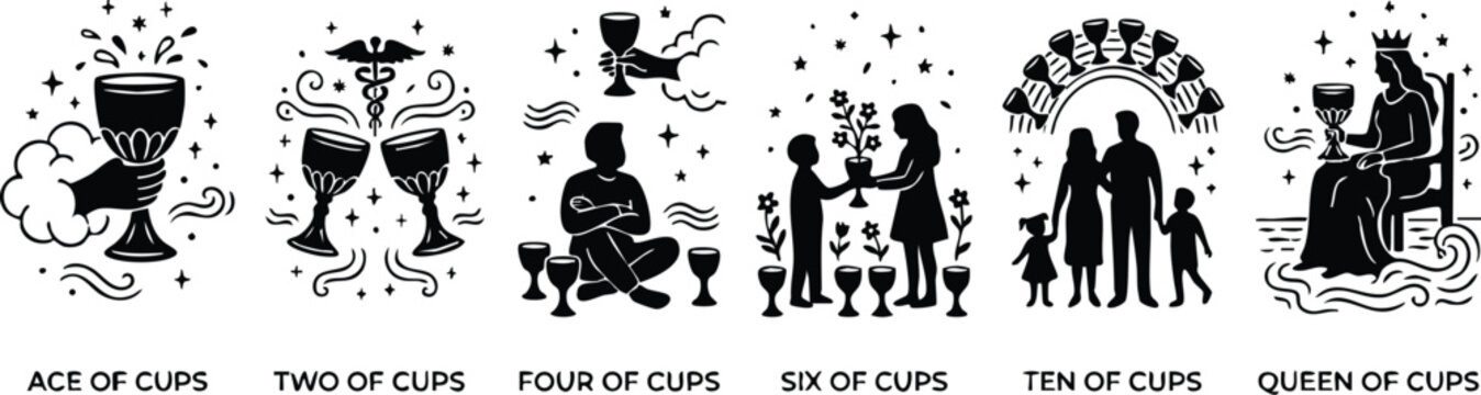 Black and white tarot cups cards set ace two four six ten queen of cups flat vector art