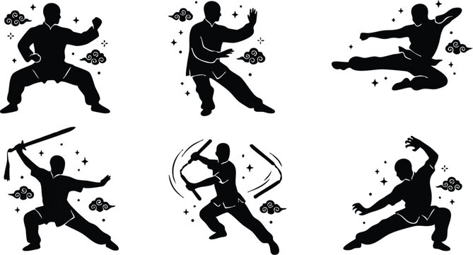 Black and white martial arts warriors practicing kung fu stances with weapons and kicks