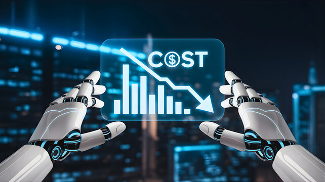 Robot hands hold a projection of a downward trending cost graph symbolizing cost reduction and efficiency improvements in industry