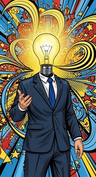 Creative Businessman with Lightbulb Head and Colorful Background.