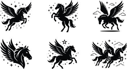 Fototapeta premium Black and white winged pegasus horse icons with stars and clouds