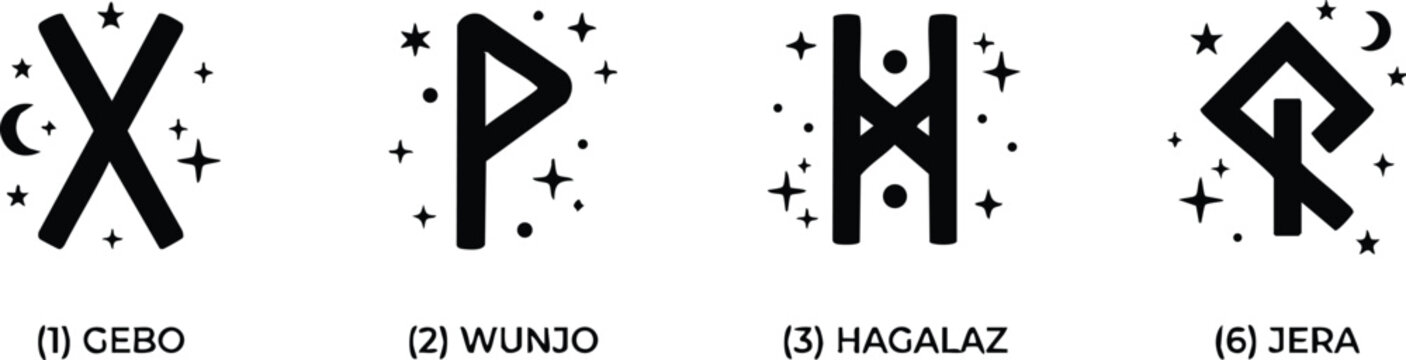 Black and white symbols gebo wunjo hagalaz jera with stars and moons vector art