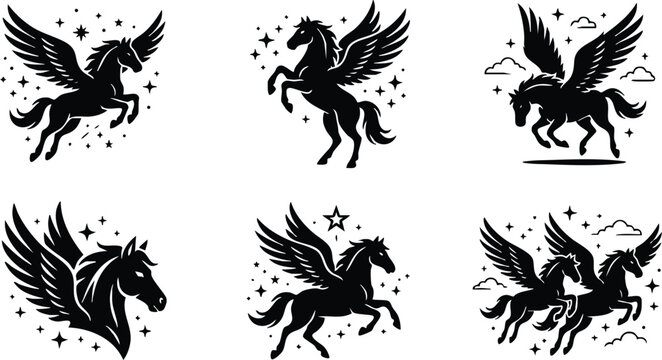 Black and white winged pegasus horse icons with stars and clouds