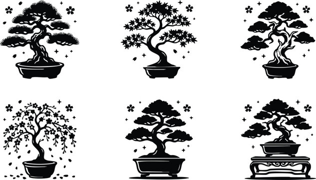 Black and white bonsai tree vector art collection with floral ornaments
