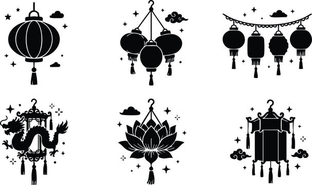 Black and white asian lanterns and dragon hanging decorations vector art