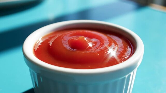 Close-up shot of a small white ramekin filled with smooth red ketchup on a bright blue surface under natural light