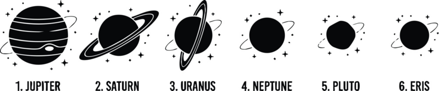 Planets jupiter saturn uranus neptune pluto and eris with rings and stars