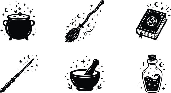Black and white magic potion cauldron broom book wand mortar and pestle bottle vector art