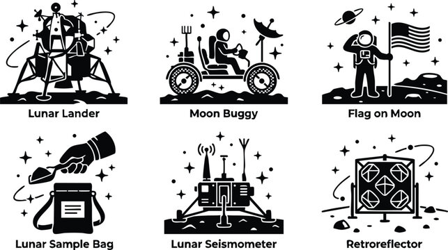 Black and white lunar exploration icons including lunar lander moon buggy lunar sample bag lunar seismometer retroreflector