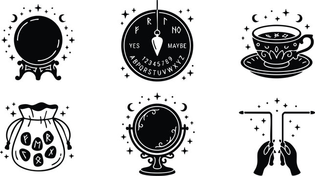 Black crystal ball and magic pendulum with witchcraft symbols vector art