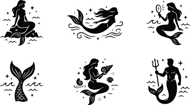 Black and white mermaid and merman vector art with sea elements