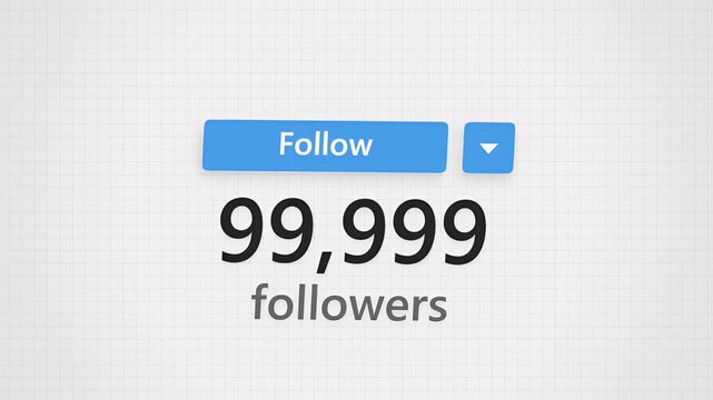 Social media account follower counter reaching the milestone of one hundred thousand followers with a blue button.