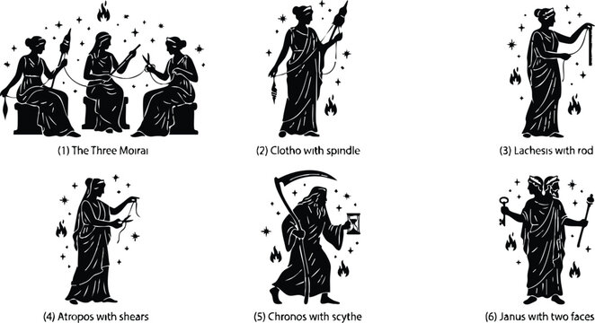 Three moirai clotho lachesis atropos chronos and janus with symbolic objects