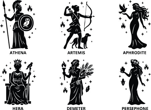 Six greek goddess silhouettes with symbols and names