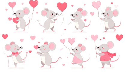 Fototapeta premium Adorable cartoon mice joyfully celebrate a special day, holding heart-shaped balloons and hearts