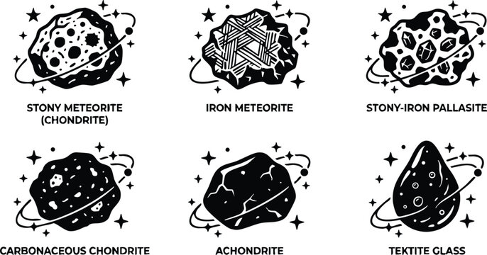 Black and white meteorite and tektite glass icons with labels
