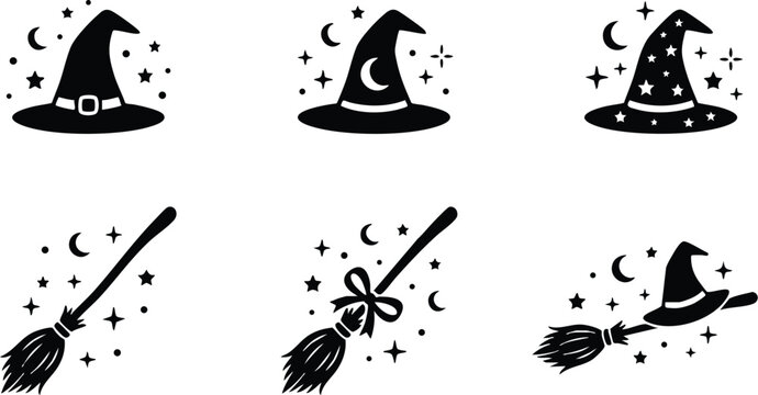 Black witch hats with moon stars and magic brooms line art vector