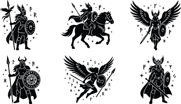 Black and white norse god and valkyrie silhouettes with shields and spears vector art