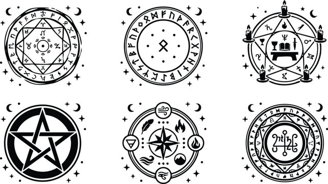 Black and white mystical magic circles with runes and occult symbols vector art