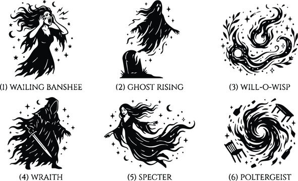 Black and white wailing banshee ghost specter poltergeist illustration vector set
