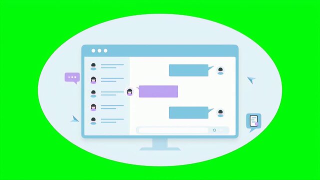 Flat animation of a chat interface on a computer screen showing online communication and messaging