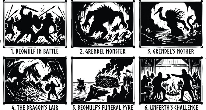 Beowulf scenes including battle grendel monster dragon and funeral pyre
