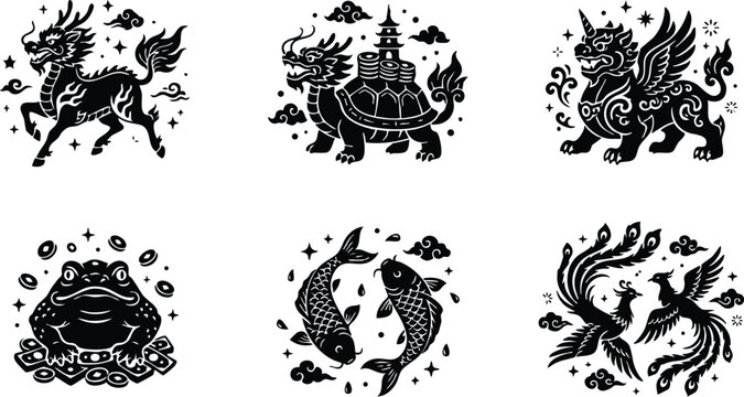 Black silhouette qilin turtle kirin frog koi fish and phoenix mythological creatures set