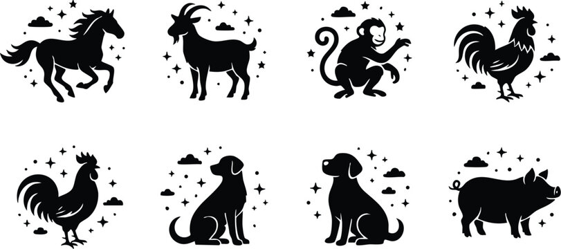 Black silhouette zodiac animals horse goat monkey rooster dog pig vector art