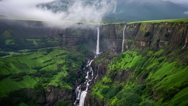 Hiwala waterfall with clouds from Ghatghar, Maharashtra